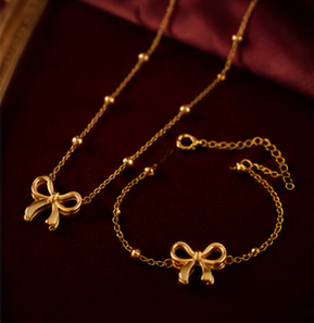 Elegant Gold Bow Jewelry Set for Women | Necklace, Earrings & Bracelet Gift Set