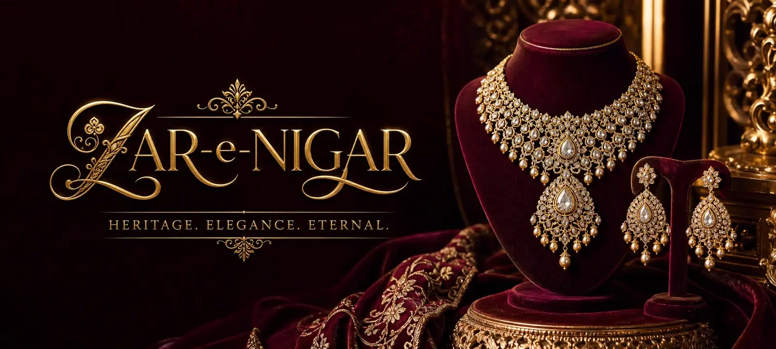 ZAR-e-NIGAR gold and diamond bridal jewelry on burgundy velvet