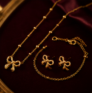 Elegant Gold Bow Jewelry Set for Women | Necklace, Earrings & Bracelet Gift Set