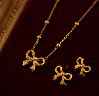 Elegant Gold Bow Jewelry Set for Women | Necklace, Earrings & Bracelet Gift Set