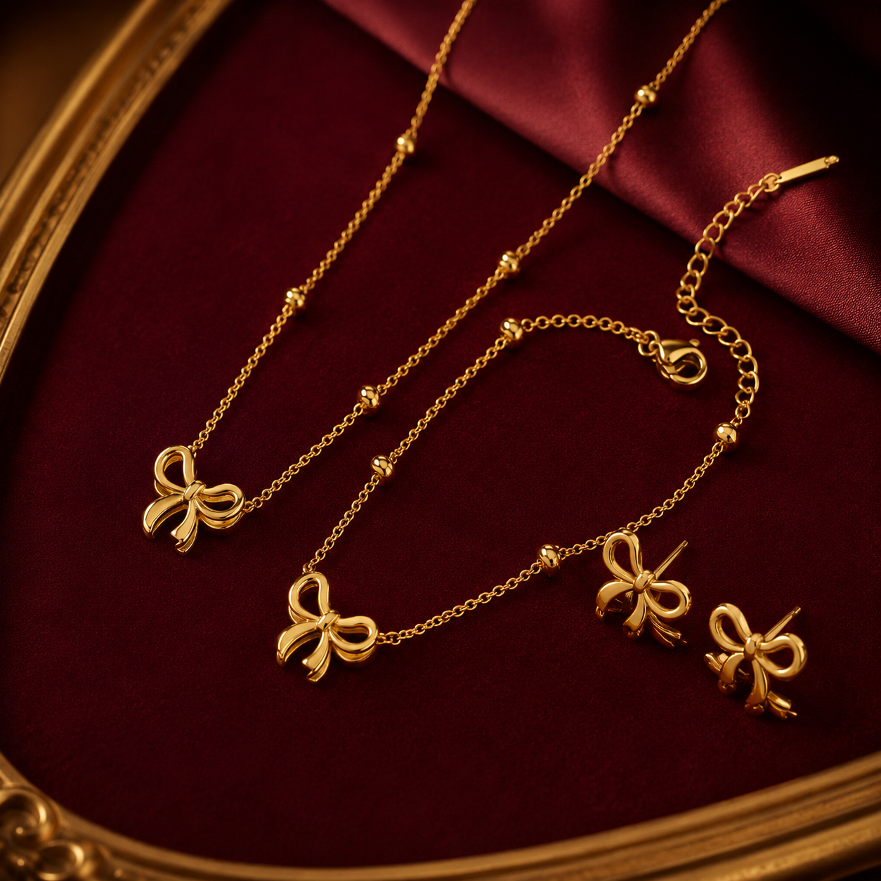Elegant Gold Bow Jewelry Set for Women | Necklace, Earrings & Bracelet Gift Set